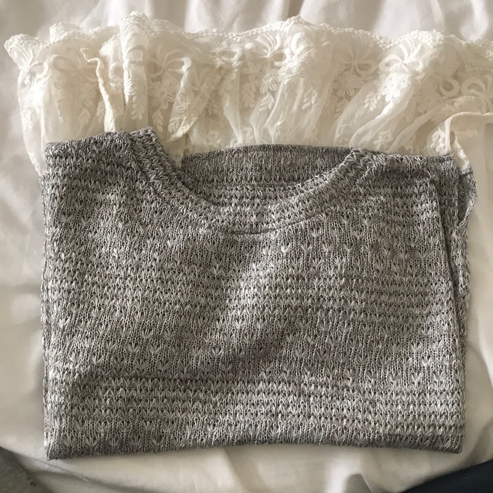 Grey Lightweight Sweater with White Lace Trim